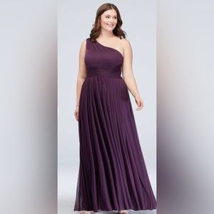 David’s Bridal Plum Chiffon mesh one-shoulder bridesmaid dress with full skirt